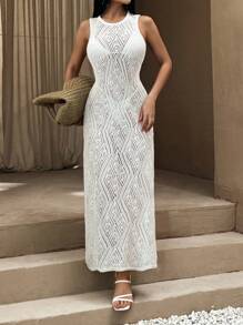 RueChic Vestido largo sin mangas de punto color crema como prenda para cubrir el bikini en la playa