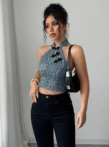 Elenzga Women's Floral Jacquard Button Front Halter Camisole - Blue - View 3