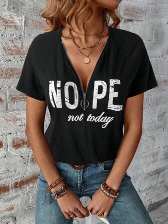 SHEIN LUNE Plus Size Gray V-Neck Short Sleeve Letter Print Half-Zip T-Shirt Country Concert Rave Top Rave Festival Summer Summer For Women Graphic Tees Vacation Woman Beach For Woman Rave Festival Mother Day