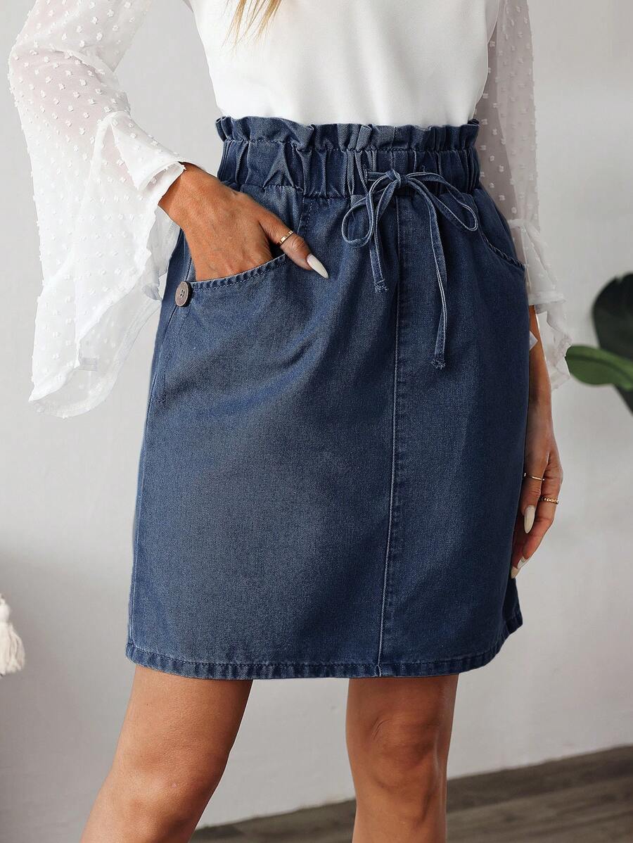 EMERY ROSE Chân váy denim nữ kiểu dáng casual, có túi, viền bèo nhún, thắt eo. - Rửa tối - Xem 1