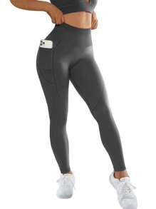 Easithlete Mallas de ejercicio sin costuras con alta elasticidad y bolsillos, pantalones de yoga para mujeres - Gris Oscuro - Ver 3