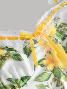 Girlism 少女黄色水果印花蝴蝶结蕾丝露背吊带背心，适合度假穿着 - 黃色 - 查看 3