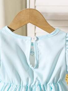 SHEIN Baby Girl Infant Toddler, 0-3 Years Old, Blue & White Elegant Vacation Puff Sleeve Dress, Spring/Summer - Blue - View 7