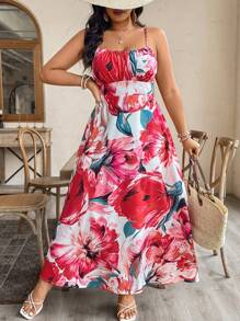 SHEIN Clasi Abito lungo da donna per vacanza, con stampa floreale, spalline a spaghetti e schiena aperta - Multicolore - Visualizzare 1