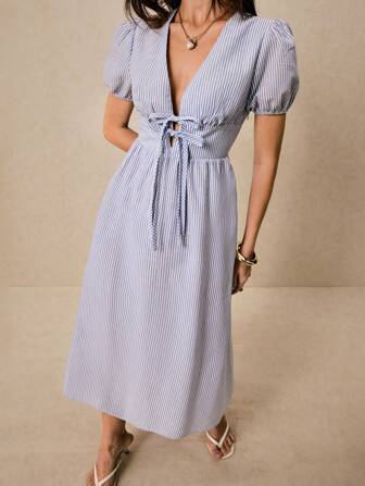 Poéselle 女士度假休闲条纹泡泡袖长裙