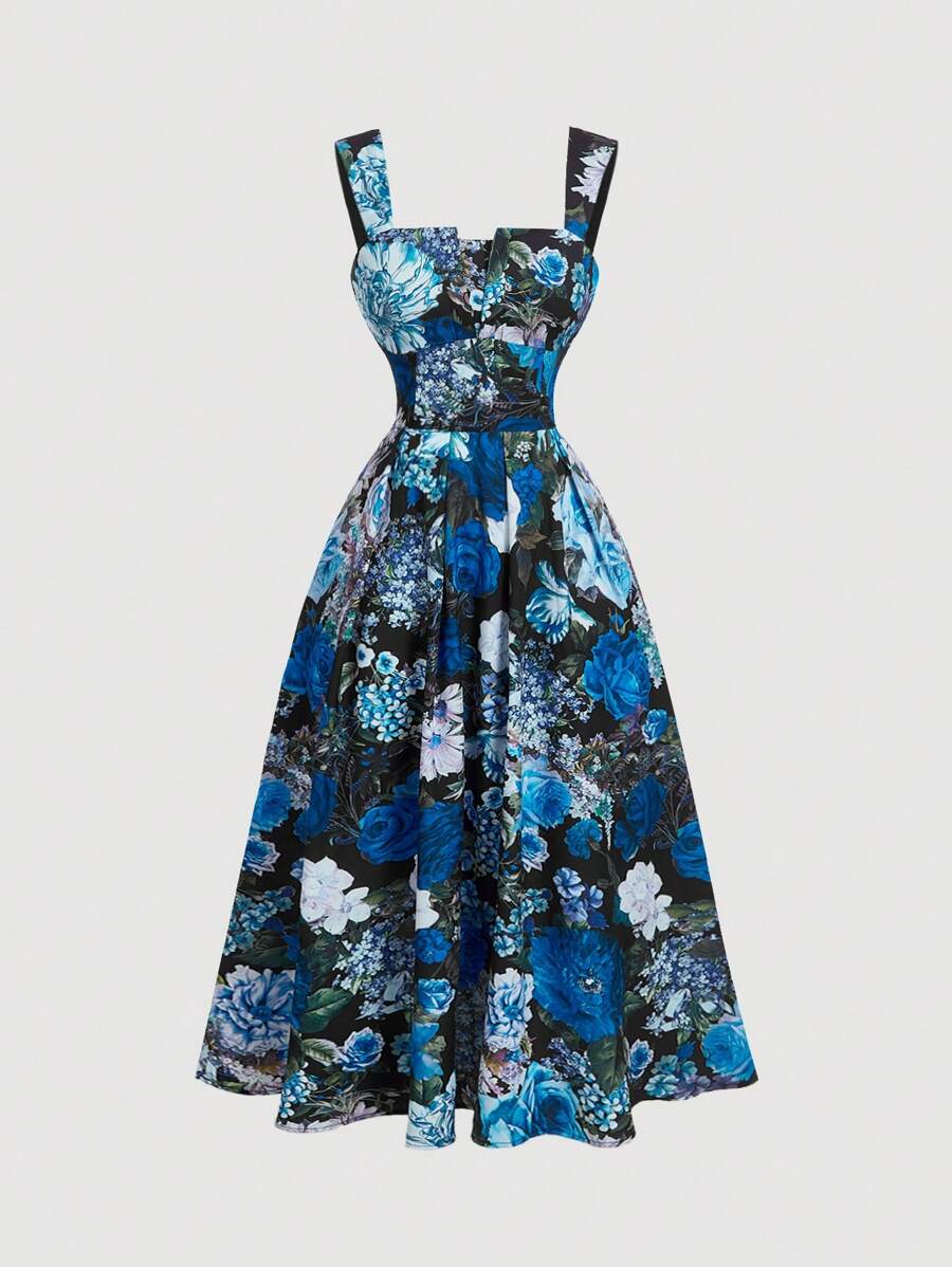 SHEIN MOD Vintage Palace Style Print Red Women Dress New Years Eve Outfit Sundress Long Dress - Blue - View 1