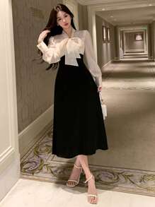 DAZY Colorblock Contrast Ribbon Collar & Puff Sleeve Women's Mid-Length Dress Prom Dress Elegant,Fall Dress