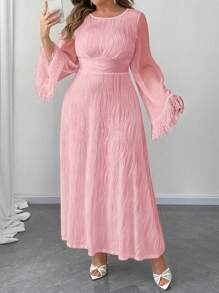 Flirla 加大码圆领喇叭袖纹理针织收腰 A 字形连衣裙长款女装 - 粉色 - 查看 6