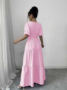 Rafferiza Đầm dài tay bồng cổ chữ V thanh lịch, giản dị, viền xòe, thiết kế mới cho phụ nữ màu tím, mùa xuân/hè - Hồng - Xem 2