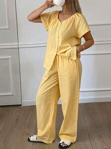 DAZY 纯色褶皱领口设计简约女士睡衣套装