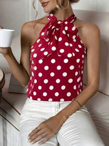 SHEIN Privé Women's Elegant Office Commute Polka Dot Print Halter Shirt