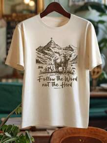 SHEIN LUNE Plus Size Women Christian "Hear His Voice, Do Not Follow The Crowd" Graphic Loose Short Sleeve Casual T-Shirt - White - View 3