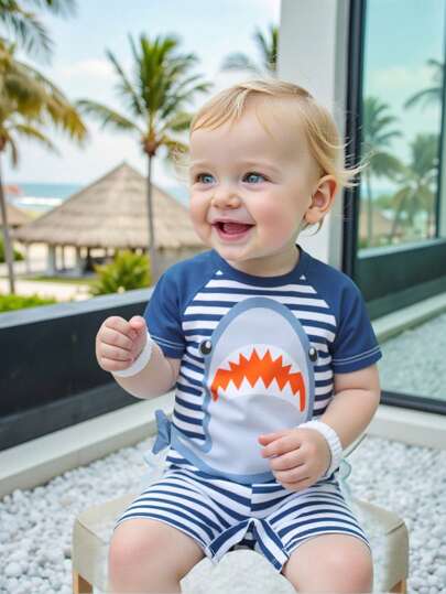 SHEIN Baby Boy New Shark Print Short Sleeve Romper Swimsuit