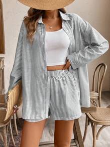 SHEIN Frenchy 2pcs/Set Vacation Casual Striped Long Sleeve Shirt & Shorts Winter - Dark Grey - View 3