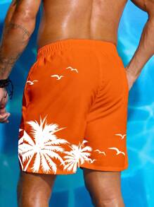 Surfspeed Men's Coconut Tree Print Drawstring Waist Beach Shorts, Casual,Hawaiian - Orange - View 2
