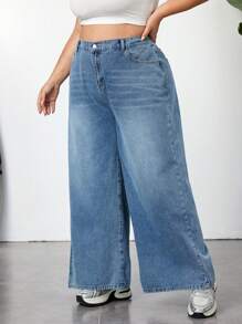 SHEIN CURVE+ Plus Size Heart Pattern Washed Loose Denim Wide Leg Pants, Casual Street Style, Summer, Curve Plus, Boho Vacation