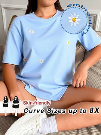 SHEIN CURVE+ T-shirt à manches courtes avec broderie de chrysanthème, grande taille, pour l'été et les vacances
