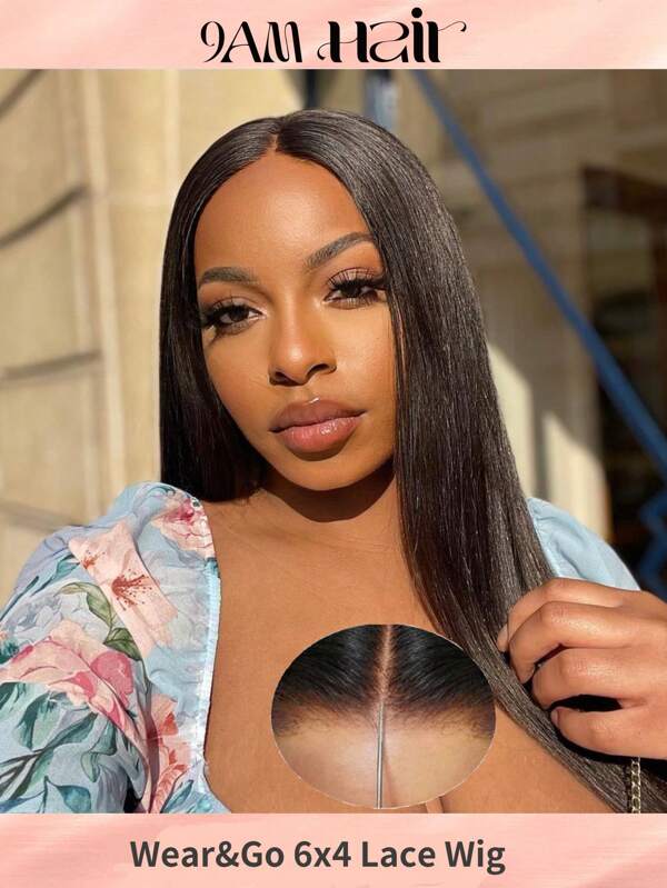 Wear&Go 6X4 Straight 150% Density Lace Closure Wig Without Glue Pre Plucked Pre Cut Lace Brazilian Glueless Human Hair Wig Beginner Friendly Natural Black Color