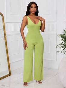 Slaydiva Women's 2025 Summer New Fashionable Jumpsuit, Suitable For Music Festivals, Easter, St. Patrick's Day, Boho, Birthdays, Graduations, Students, Casual Outings, Basics, Leisure, Vacations, Cruises, Beaches, Sunbathing, Fashion, Street Style, Minimalist Design, Textured Ribbed, Green