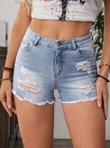 EMERY ROSE Women's Casual Ripped Fringe Hem Denim Shorts