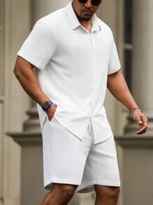Manfinity Homme 2 pezzi/set Uomo taglia grande Camicia e pantaloncini estivi casual in tinta unita a maniche corte - Bianco - Visualizzare 6