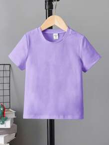SHEIN Young Girls Basic Round Neck Short Sleeve Purple T-Shirt Young Girls T Shirt Girl Clothes For Kids Young Girls T Shirts Girls Plain T Shirts - Mauve Purple - View 2