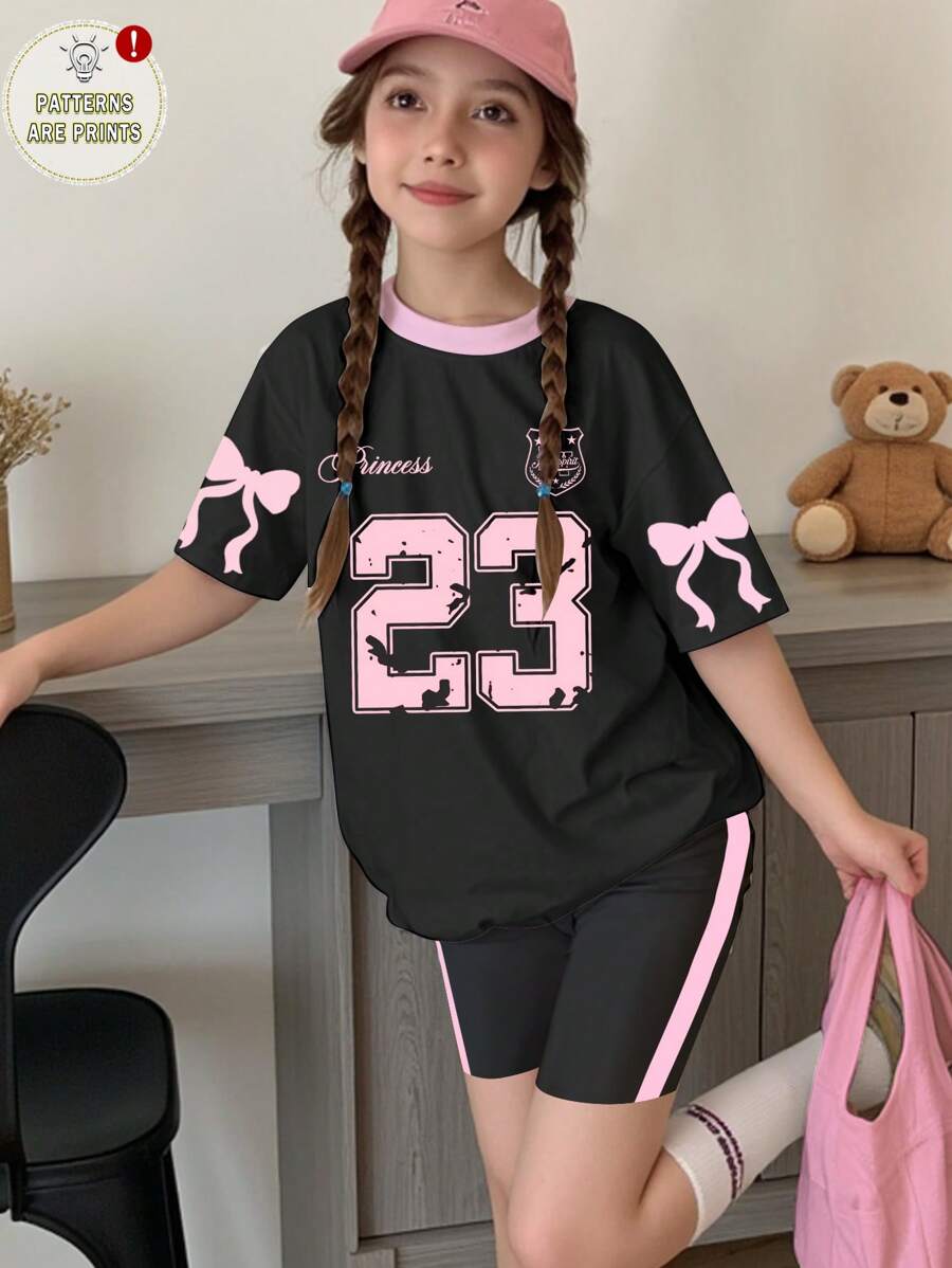 SHEIN Leap Crew 2 件套青少年女孩休闲蝴蝶结印花数字 28 短袖 T 恤和短裤套装,适合夏季 - 彩色 - 查看 1