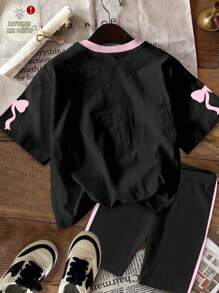 SHEIN Leap Crew 2 件套青少年女孩休闲蝴蝶结印花数字 28 短袖 T 恤和短裤套装，适合夏季 - 彩色 - 查看 3