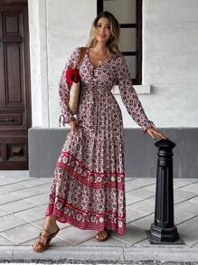 Breezaya Đầm Maxi Tay Ngắn In Hình Chắp Vá Thường Ngày Cho Nữ - Đỏ - Xem 4
