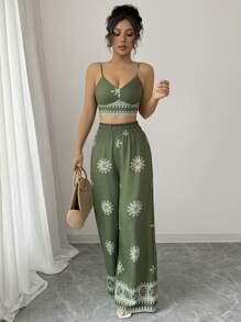 Elenzga 2pcs/Set Women Green Floral Print Camisole Tank Top & Casual Long Pants Suit, Holiday Style