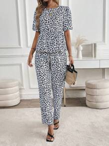 Chiquease 2pcs/Set Women Leopard Print Ruffle Trim Crew Neck Top And Pants - Multicolor - View 6