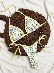 SHEIN Swim 2pcs Women Textured Lemon Print Triangle Spaghetti Strap Top Halter Neck & Tie Side Bottoms Swimwear Set For Summer Beach Vacation