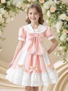 Tween Girl Elegant & Cute Luxurious Princess Style Bow Decor Fluffy Tutu Dress - Multicolor - View 2