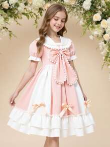 Tween Girl Elegant & Cute Luxurious Princess Style Bow Decor Fluffy Tutu Dress - Multicolor - View 10