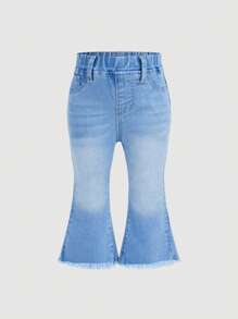 SHEIN Spodnie dzwony dla niemowląt/dziewcząt w stylu vintage w kolorze niebieskim z denimu z haftem krzyżykowym na dole - Średni jeans - Zobacz 2