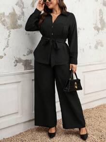 SHEIN LUNE 女士法式优雅休闲通勤度假纯色实用衬衫式领子 V 领口袋金属纽扣装饰收腰喇叭长袖衬衫 + 松紧腰阔腿裤套装 - 黑色 - 查看 5