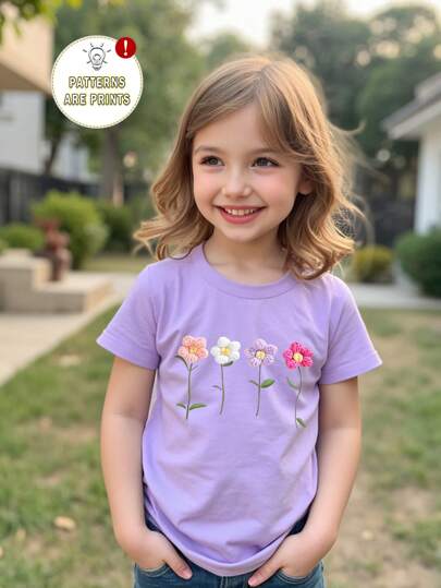 SHEIN Elladie kids Áo thun ngắn tay cổ tròn in hoa 3D màu tím dễ thương cho bé gái, áo thun mùa hè cho bé gái, áo thun mùa hè cho bé gái, áo thun đi nghỉ mát