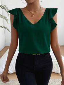 SHEIN Privé Blusa de mujer de unicolor con escote en V y mangas cortas de moda