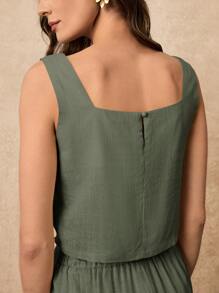 Poéselle Áo khoác vest cài nút phía trước và quần short, dáng rộng, bộ đồ đi nghỉ, phong cách đơn giản, bộ đồ vải lanh pha trộn hai mảnh quần short vải lanh cho nữ quần short quần áo vải lanh cho nữ váy thường ngày trang phục tiệc trà quần short hàng hiệu trang phục công sở - xanh quân đội - Xem 6