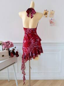 Elamini Vestido de mujer con estampado completo, cuello de halter y dobladillo asimétrico con volantes, estilo vacacional
