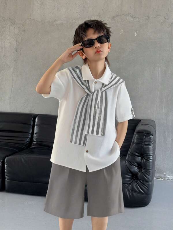 SHEIN 3pcs Tween Boy Casual Striped Short Sleeve Shirt, Vest And Shorts Set