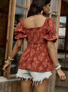 SHEIN LUNE 花卉印花荷叶边领短袖纽扣衬衫，夏季荷叶边上衣 - 鏽棕色 - 查看 2