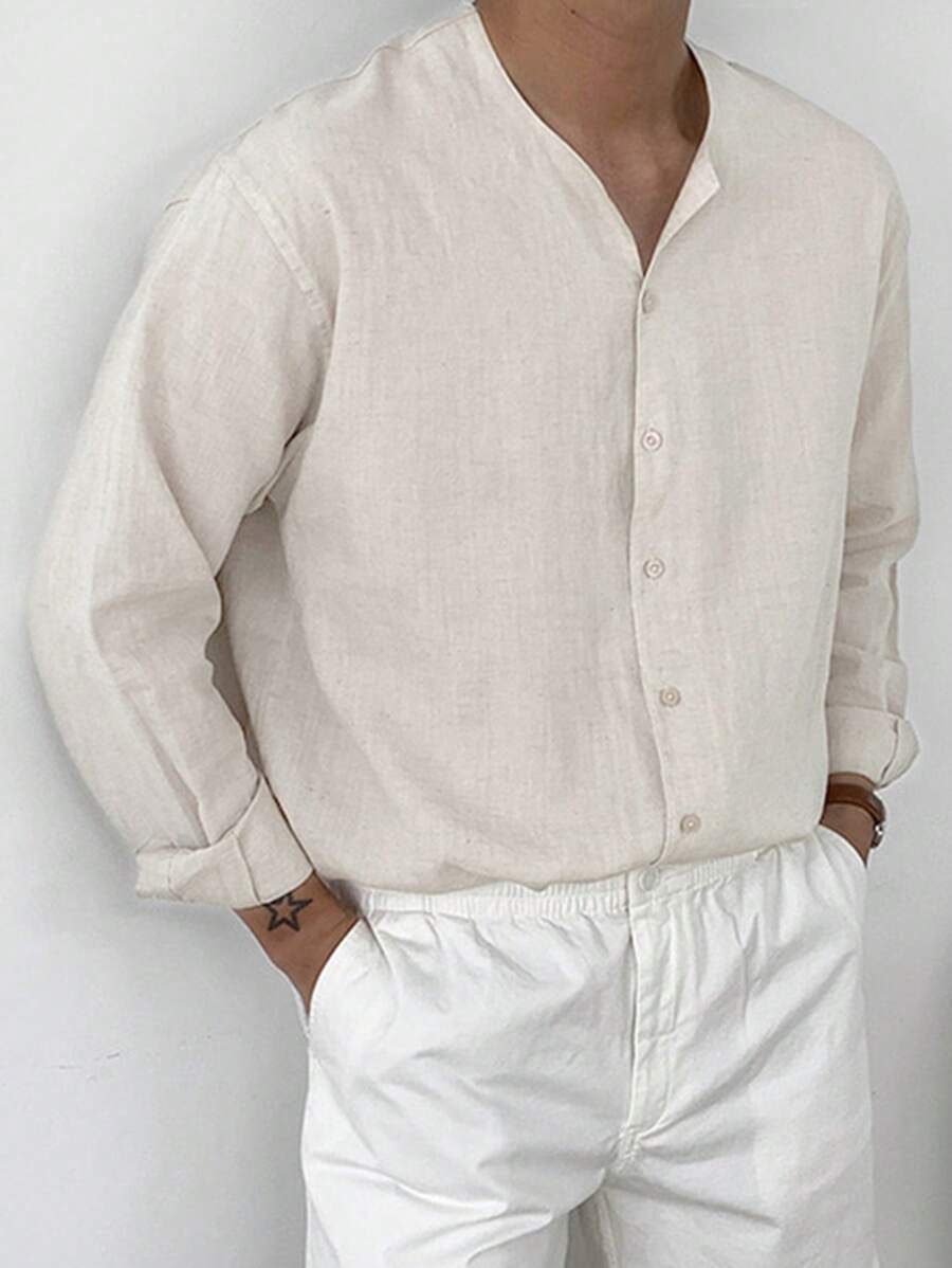 DAZY Spring Solid Khaki Men's Long Sleeve Single-Breasted Shirt - Khaki - View 1