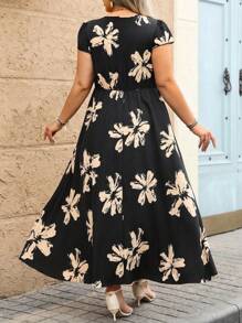 SHEIN CURVE+ Plus Size Feminino Decote Em V Estampa Floral Manga Babado Cintura Cintura Cintura A-Line Elegante Vestido Diário - Multicolorido - Ver 2