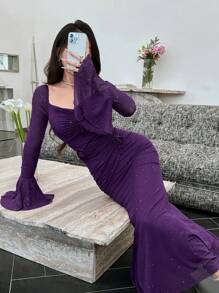 Modelyn 女士弹力网眼花卉浪漫褶饰腰部美人鱼修身连衣裙女士正式派对礼服 - 紫色 - 查看 6