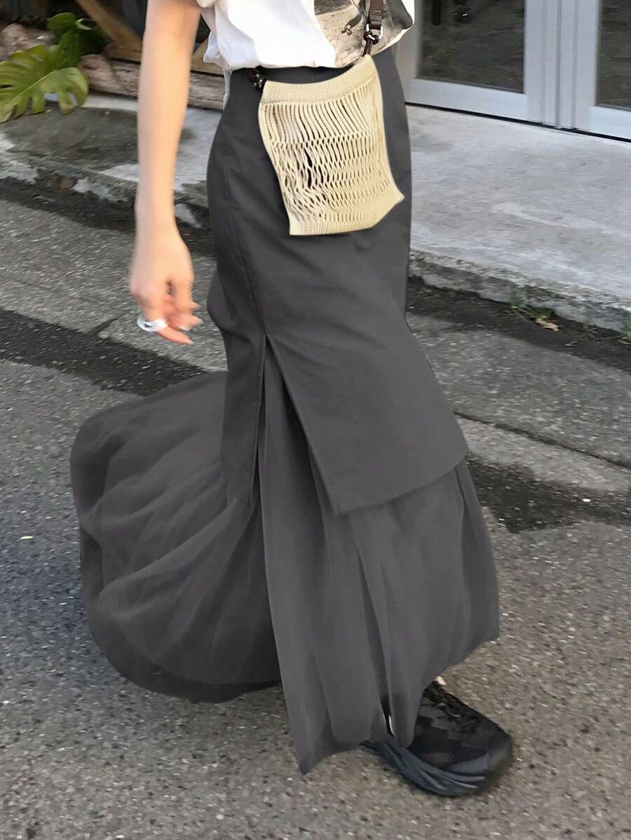 FRIFUL 女士时尚优雅直筒网眼拼布裙女裙生日女夏装女夏季套装女加大码黑色短裙长裙