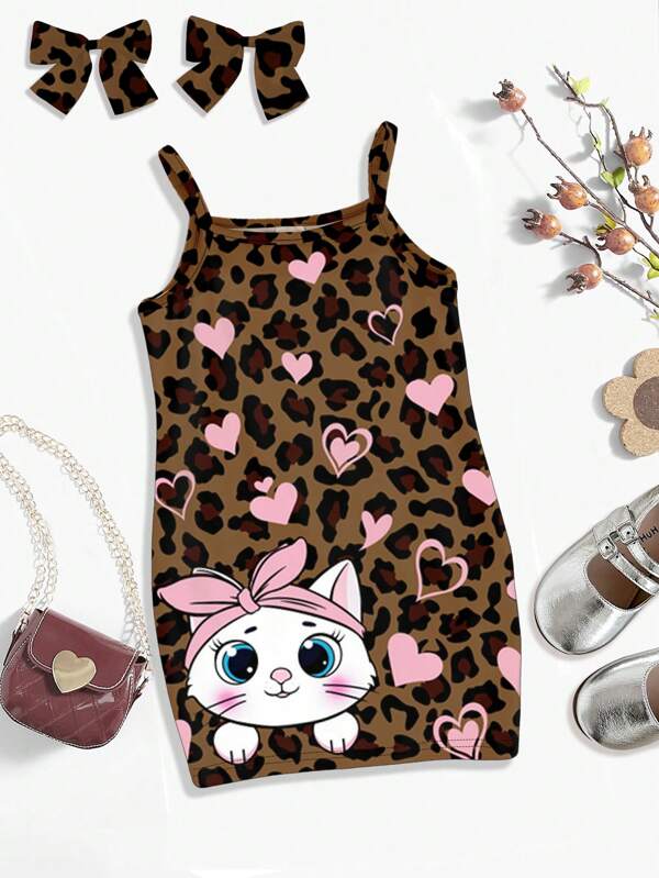 SHEIN Cute Pink Leopard Heart Cat Print, Rochie Casual Slim Fit pentru fetiță, potrivită pentru vară