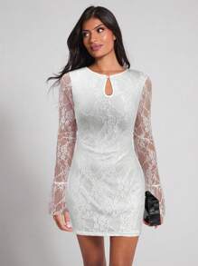 COSMINA Elegant White Lace Mini Dress For Women: Keyhole Neckline, Long Bell Sleeves, And Fitted Silhouette
