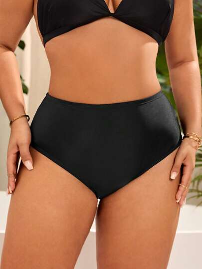 Swim Basics Plus Size Solid Color Bikini Bottom For Beach & Holiday For Summer Beach Vacation