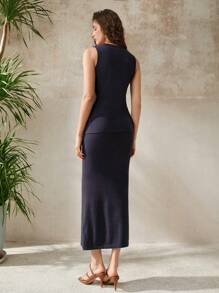 Uhlyne Bộ 2 món/bộ áo vest dệt kim cài nút thanh lịch & chân váy đuôi cá thời trang cho nữ, mùa hè - Màu xanh hải quân - Xem 4